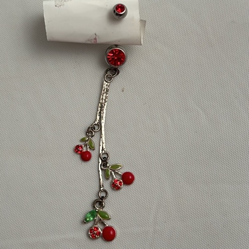 Silver And Red Bellybutton Ring With Hanging Cher… - image 1